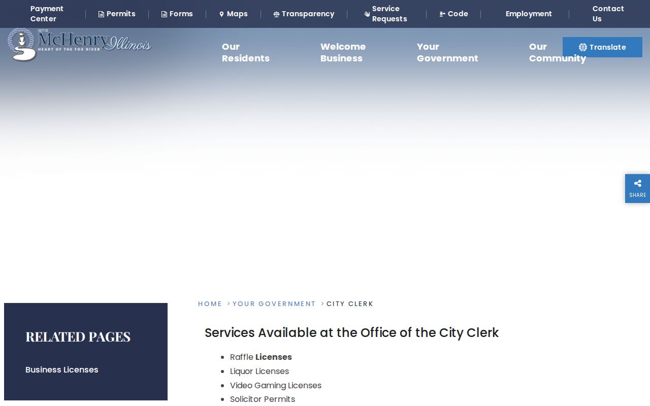 McHenry city directory City Clerk services page