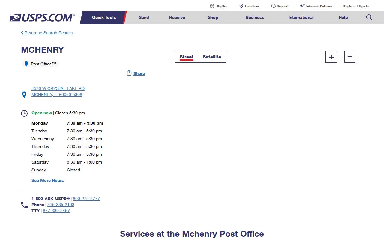 USPS listing for the McHenry Post Office on Crystal Lake Road